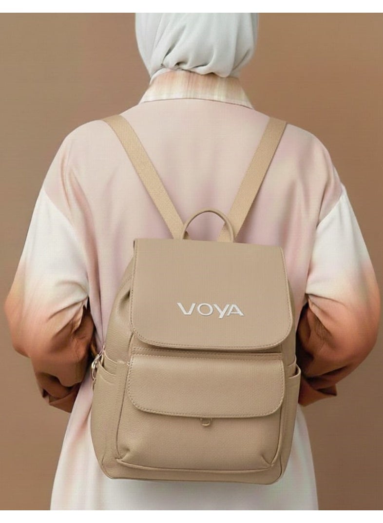 Voya Leather Backpack with  Durable Material, and Multiple Compartments - Beige - Image 2